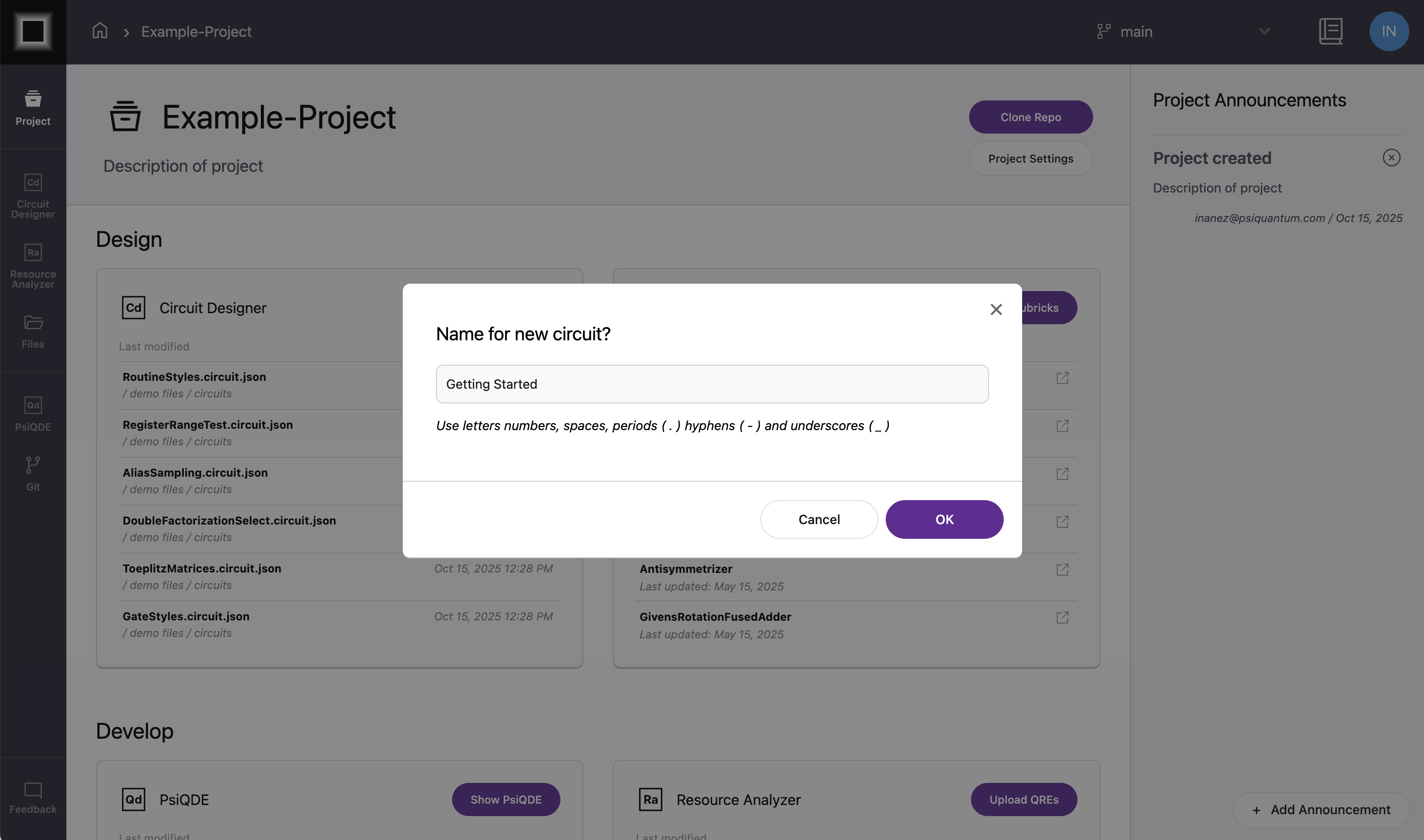 Create Circuit dialog