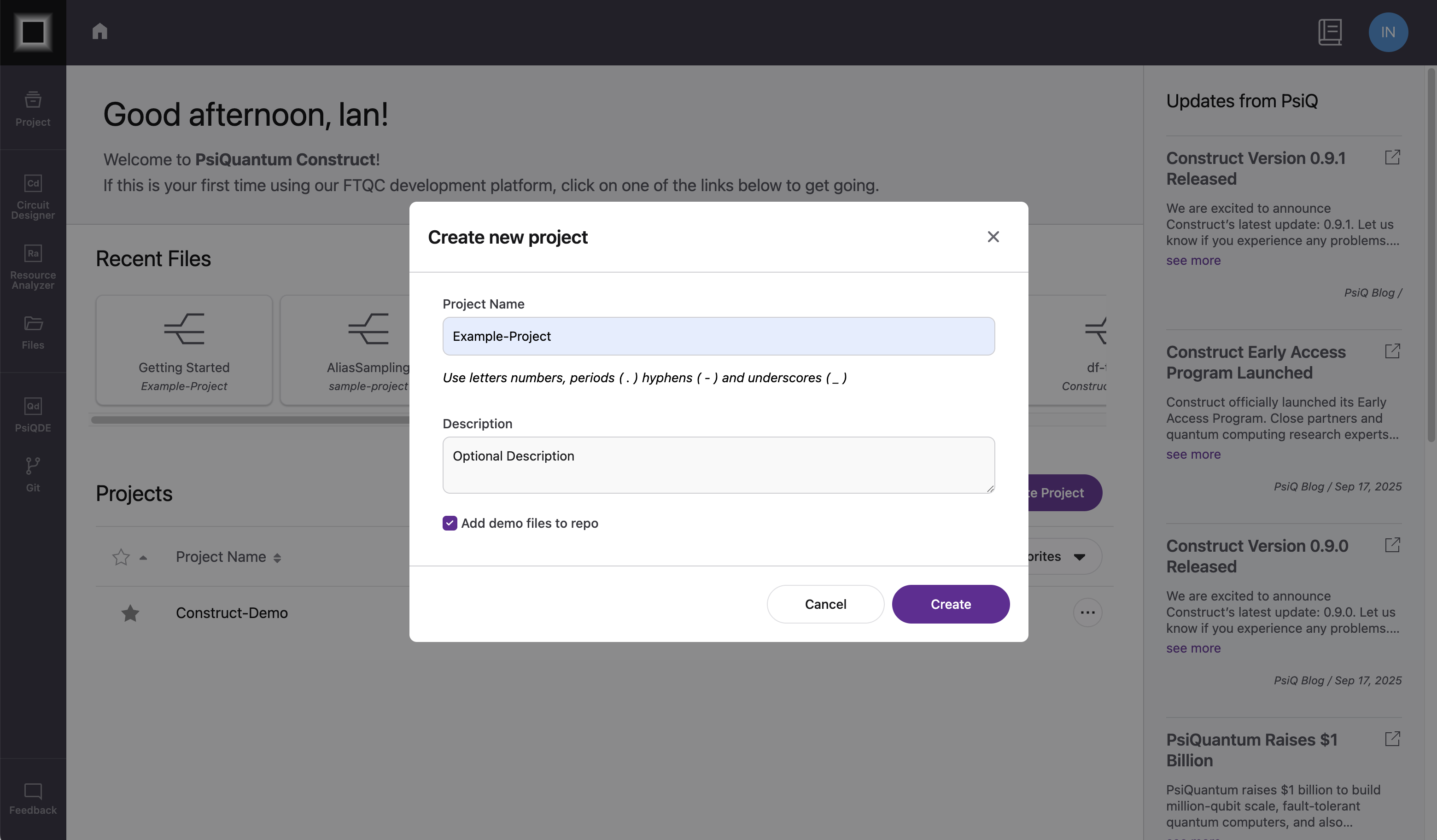 Create Project dialog